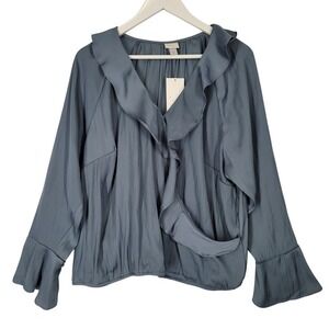 A New Day Teal Blue Ruffle Satin Blouse Top XXL Faux Wrap Bell Sleeve Romantic